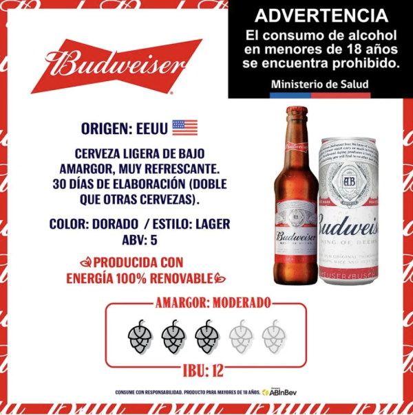 Pack 6 un. Cerveza Budweiser Lager 5.0° 473 cc - Imagen 2